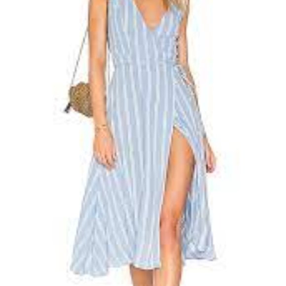 Wilson Dress Pastel Blue Striped Midi Length Wrap Dress Deep V neck - Picture 10 of 11